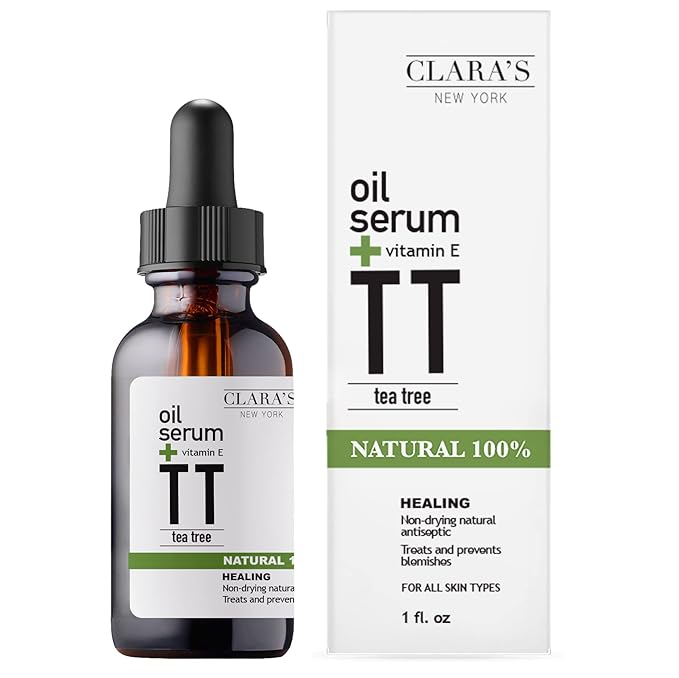 Claraβs New York 100% Natural Tea Tree Facial Oil Serum with Vitamin E β Lightweight, Non-Greasy, Acne & Redness Calming Face Oil for Blemish-Prone Skin β Vegan, Cruelty-Free β 30ml