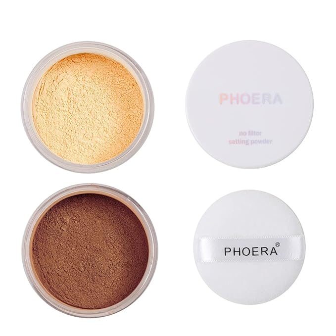 2 Pcs PHOERA Setting Powder, Control Oil Brighten Skin Color Cover Blemish Face Setting Loose Powderγ (03# BANANA & 04# Medium Deep)