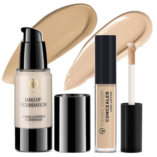 YOUNG VISION Full Coverage Liquid Foundation and Concealer Duo β Long-Wear, Lightweight, Non-Comedogenic, Hydrating, Oil-Free, Waterproof, Skin-Like Finish for All Skin Types
