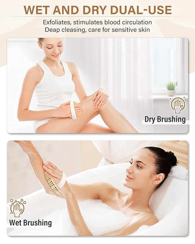 Dry Brushing Body Brush, POPCHOSE Exfoliating Body Brush for Beautiful Skin, Body Scrubber for Cellulite and Lymphatic Drainage, Blood Circulation Improvement with Natural Bristles Massage Nodules