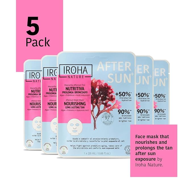 IROHA NATURE Face Masks - Packs for Better Skin (Pack of 5, Aftersun Facial Mask with Algae, Probiotics & Hyaluronic Acid)