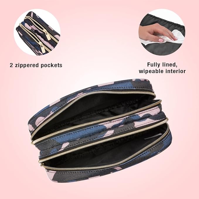 Conair Makeup Bag, Large Double Zip Toiletry and Cosmetic Bag, Perfect Size for Use At Home or Travel, Double Zip Organizer Shape in Blue, Pink and Black Camouflage