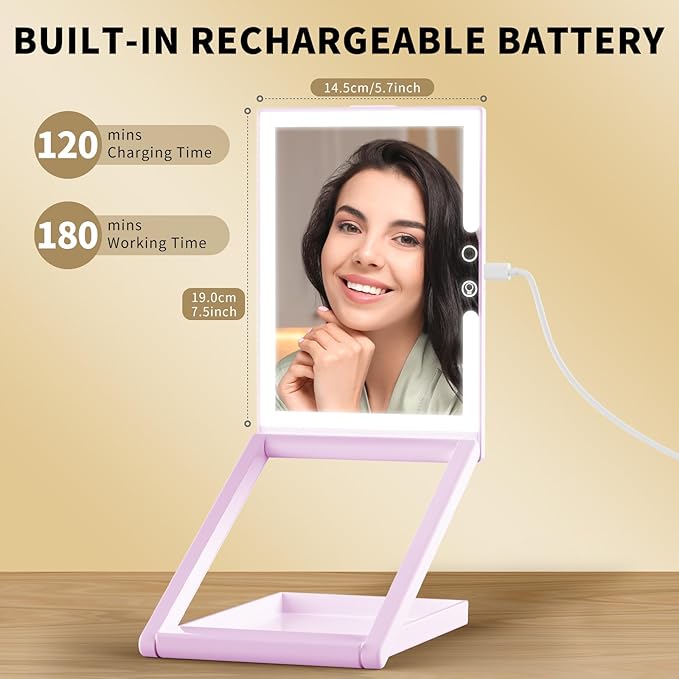 OLIBUY Travel Makeup Mirror with 10X Magnifying Mirror, Height and Angle Adjustable Folding Lighted Makeup Vanity Mirror, Rechargeable 3 Color Illumination LED Mirror, Travel Essential