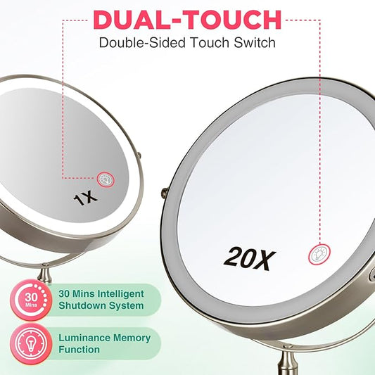 20X Magnifying Mirror with Light: 8.5 inch Lighted Makeup Mirror with 3 Colors, 360Β° Rotation Touch Screen Rechargeable Light up Mirror, Double Sided LED Vanity Mirror, Brushed Nickel