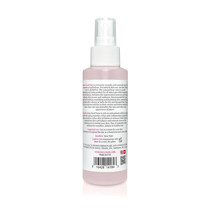 Well's Oil Rosewater Mist Spray (4 Fl oz) β Hydrates, Soothes & Refreshes | 100% Natural | No Chemical | For All Skin and Hair Types