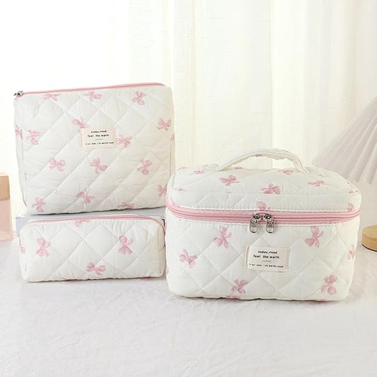 3 Pcs Quilted Makeup Bag Set,Coquette Bow Make up Bag,Cute Floral Makeup Bags Large Travel Toiletry Cosmetic Bag Organizer for Women Girls (L-3PCS)