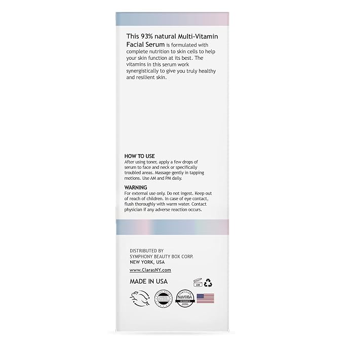 CLARA'S NEW YORK Multi Vitamin Facial Serum with Vitamins B, C, E, K β Antioxidant Hydrating, Redness Calming, Sebum Control β Lightweight, Non-Greasy, 30ml / 1 fl oz, Made in USA