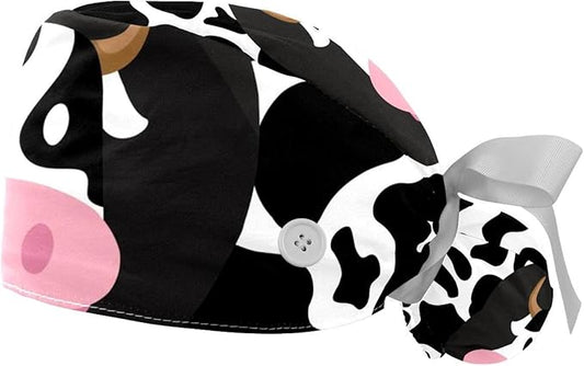 2 PCS Bouffant Cap with Button Ponytail Pouch Working Cap Sweatband Adjustable Surgical Cap Black and White Cow