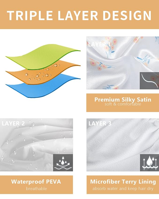 Shower Caps, Triple Layer Large Shower Cap for Women, Reusable Shower Caps for Long Thick Hair (Yellow floral)