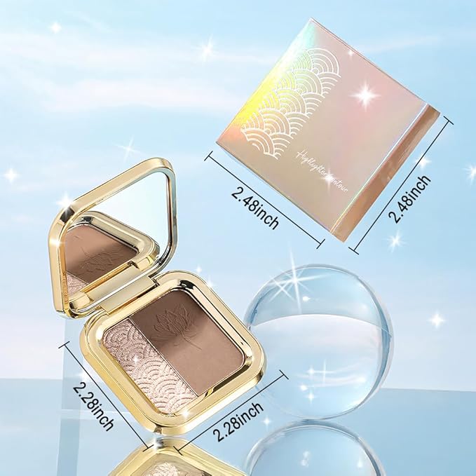 Matte Shimmer Highlight Bronzer Powder Palette with Mirror for Face Cheek Contour Brightening,Buildable Coverage Natural Makeup,Ultra Sculpt Nose Shadow (Light Pink Highlighter+Neutral Gray Contour)