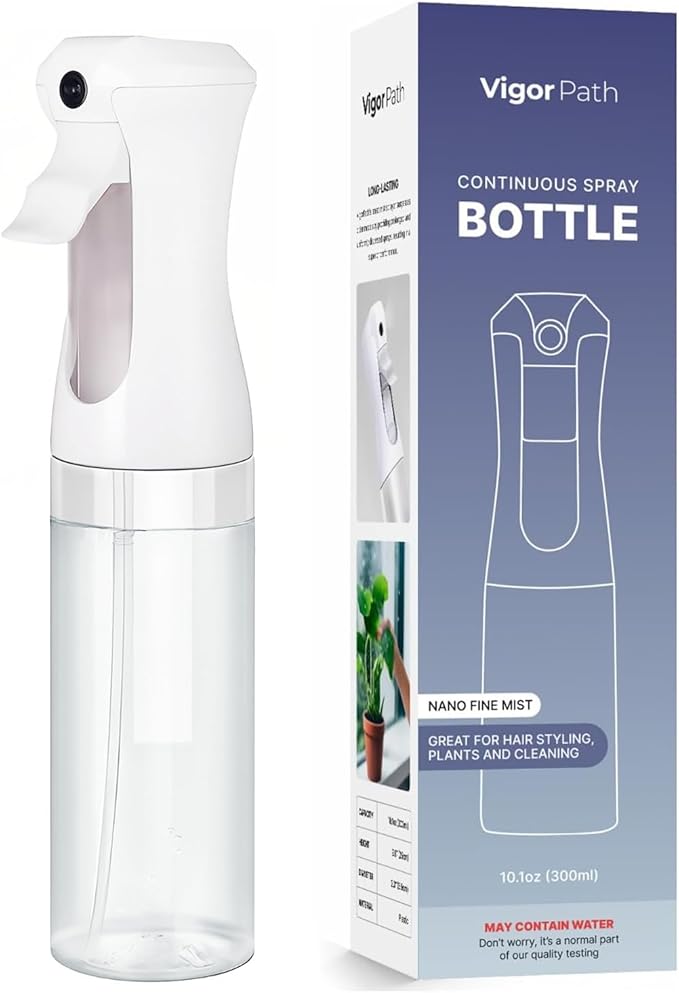 VIGOR PATH Continuous Mist Spray Bottle β Fine Mist Sprayer for Hair, Plants, Cleaning & Beauty β Refillable & Reusable Water Spray Bottle (Clear, 10oz)