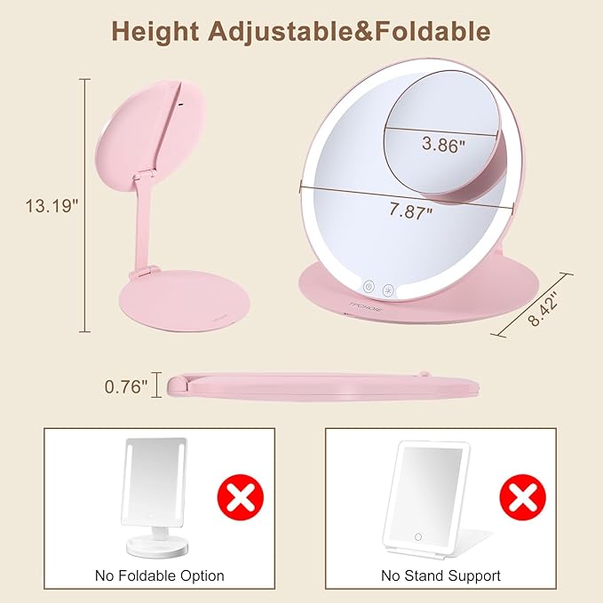 Pink Vanity Mirror with Lights and Removable 10X mirror,extendable travel makeup mirror with angle & height Adjusting Stand,Rechargeable collapsible mirror with 3 Light Colors & Stepless Dimming