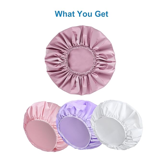 Shower Cap for Women Set of 4, 1 Double-Layer Waterproof Bath Cap + 3 Single-Layer Waterproof Shower Caps β Reusable Hair Protector, TPU Coated Elastic Bathing Cap for Women & Men - Purple