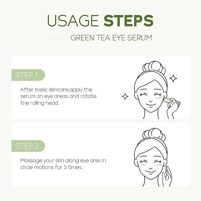 AKARY Green Tea Eye Serum and Under Eye Roller Cream, for Eye Bags Puffiness, Caffeine Eye Cream with 360Β° Massage Ball Reduce Wrinkles and Fine Lines, Under Eyes, Moisturizing, Hydrating, Firming Eye Skin (Green Tea)