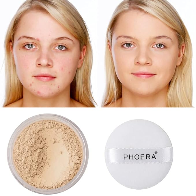 2 Pcs PHOERA Setting Powder, Control Oil Brighten Skin Color Cover Blemish Whitening Face Setting Loose Powderγ (01# Translucent & 02# Cool Beige)