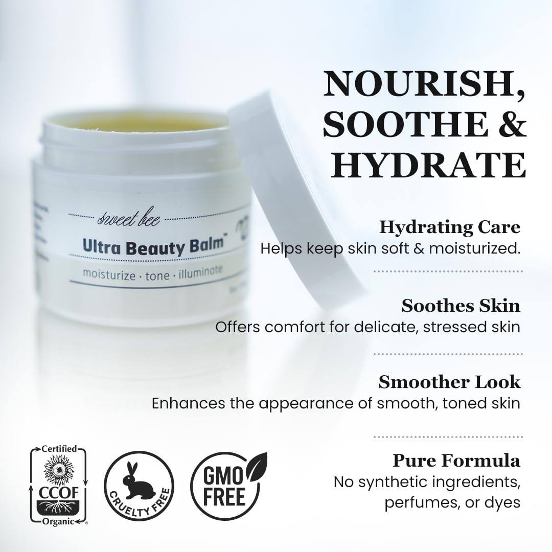 Sweet Bee Naturals Ultra Beauty Balm β Certified Organic Moisturizer Face Cream, Hydrating, Anti-Aging, Soothing, Firming, & Nourishing Facial Moisturizer, Face Lotion with Honey & Beeswax 2 oz