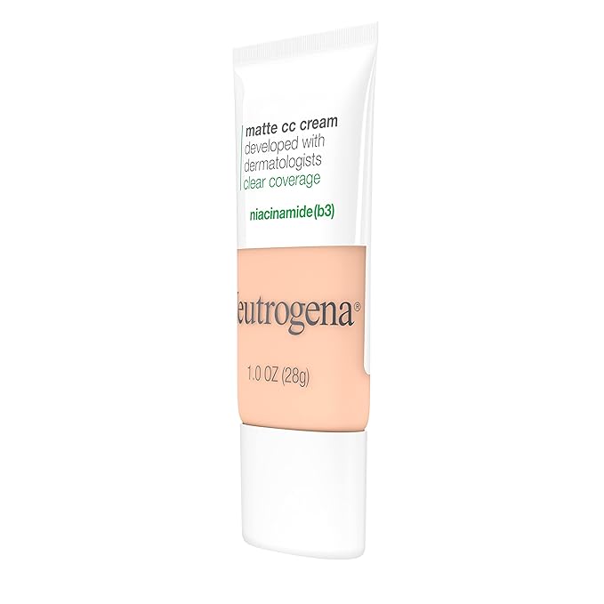 Neutrogena Clear Coverage Flawless Matte CC Cream, Full-Coverage Color Correcting Cream Face Makeup with Niacinamide (b3), Hypoallergenic, Oil Free & Fragrance Free, Shell, 1 oz