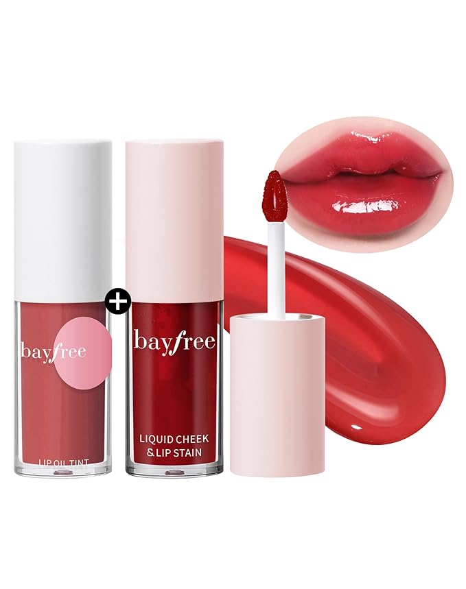 Tinted Lip Oil & Lip Stain Set, Korean Makeup, Smudge-Proof,Long-Wearing, 2-in-1 Cheek and Lip Tint with Moisturizing, High-Shine, Lightweight & Non-Sticky for Dry Lips, Cruelty-Free & Vegan