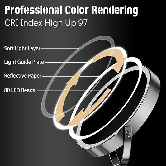 9" Large Lighted Makeup Mirror, 1X/10X Magnifying Vanity Mirror with 3 Colors Dimmable Lightning, 80 LED Lights, 360Β°Rotation Double Sided Standing Desk Mirror