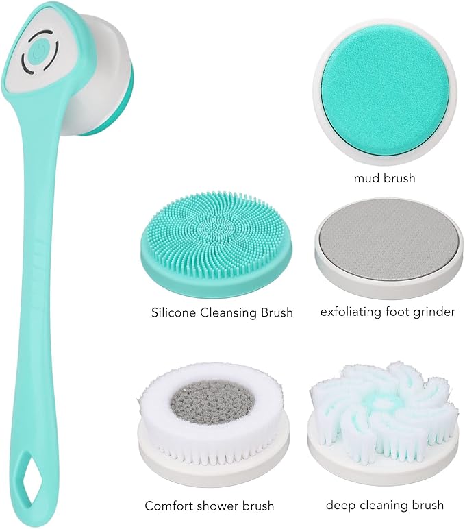 ZJchao IP67 Multifunctional Electric Shower Brush Electric Shower, Electric Body Brush for Exfoliating and Massage Brush Electric Dual Use Detachable Handle 3 Gear 5 Brush Head