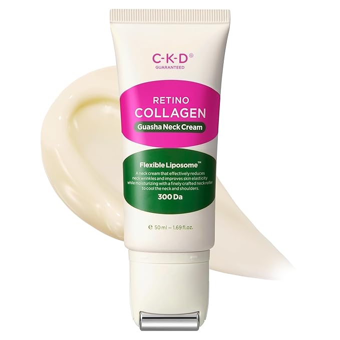 CKD Retinol Collagen Neck Cream with Gua Sha Massage Roller - Anti Aging Firming Cream for Neck & Jawline Lifting, Double Chin, and DΓ©colletΓ© Wrinkle Care. Korean Skincare. 1.69 fl oz
