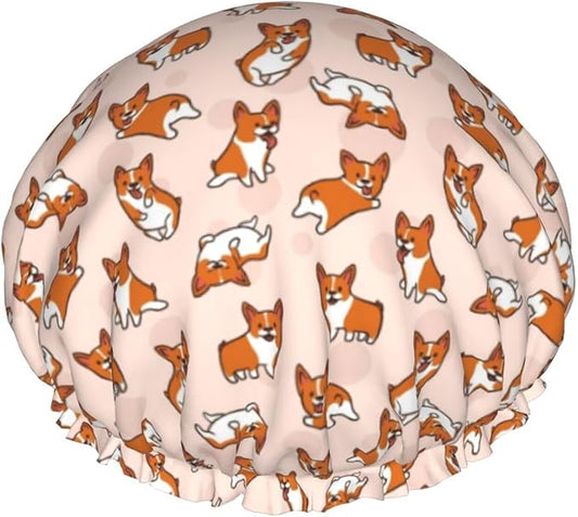 Funny Corgis Dog Shower Cap for Women Double Layer Waterproof Bath Hair Cap Reusable Shower Caps Adjustable Elastic Band Bath Cap Fits All Hair Lengths for Spa Salon Bathing Shower Hat