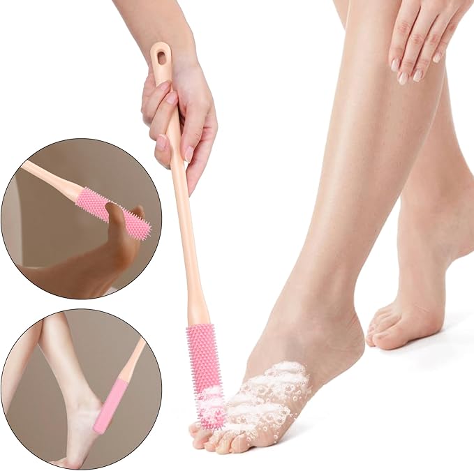 FRCOLOR Toe Cleaning Brush 2Pcs Toe Seam Massage Brush for Shower 15.7 Long Handle Silicone Foot Scrubber Feet Cleaner Brush for Seniors Elderly Men Women-Pink