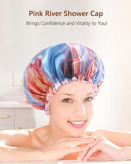 mikimini 2 Pack Waterproof Shower Caps - Reusable and Washable - Pink Fashionable Shower Caps for Women and Girls - Medium Size - Perfect for Kids