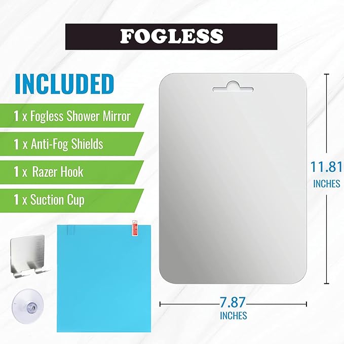 Anti-Fog Shower Mirror, Extra Large Size 11.81 x 7.87 in, High Definition Bathroom Fogless, Frameless, Impact Resistance Wall Hanging, Shower Accessories, Safe & Durable