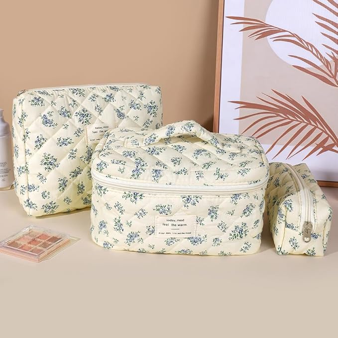 3 PCS Cosmetic Bag, Quilted Makeup Bag Set, Large Floral Cotton Make Up Bag for Women, Flower Travel Toiletry Organizer Bag, Coquette Makeup Pouch (Blue Flower)