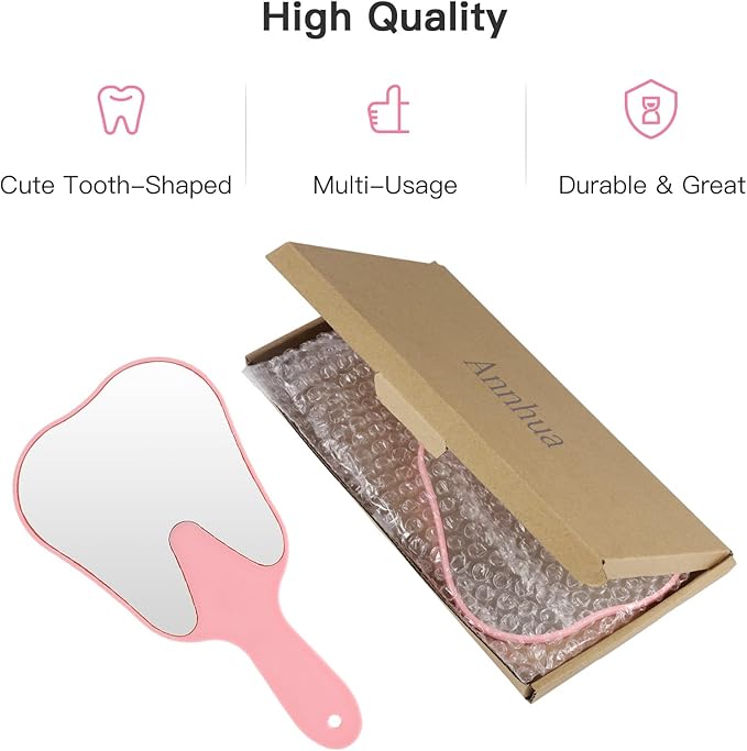 Annhua Tooth Shaped Mirror Hand Mirrors with Handle Pink, Face Mirrors Small Makeup Mirror Cute for Dental Clinic, Salon, Barber or Hairdressing - Plastic & Glass