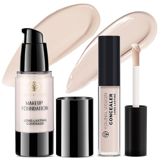 YOUNG VISION Full Coverage Liquid Foundation and Concealer Duo β Long-Wear, Lightweight, Non-Comedogenic, Hydrating, Oil-Free, Waterproof, Skin-Like Finish for All Skin Types