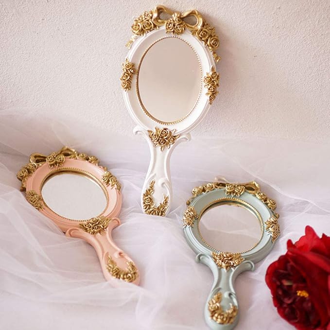 Vintage Hand Held Mirror, Vanity Rose Gold Makeup Mirror, Compact Travel Handheld Mirros, Gift for Mom, Wife, Girl Friend