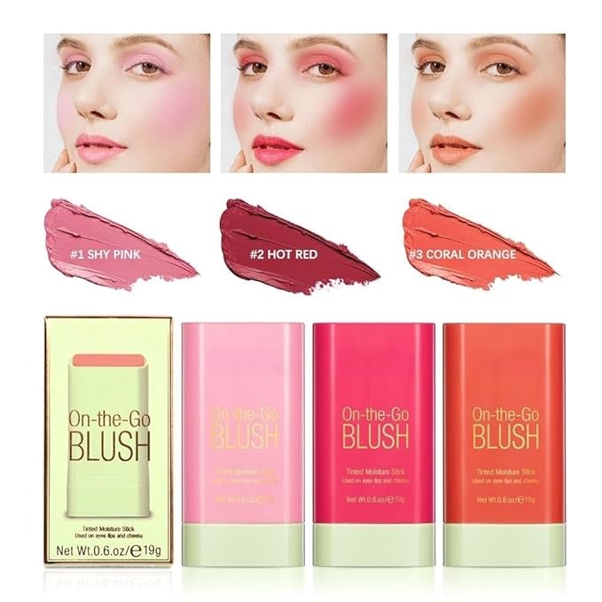 On-the-Go Makeup Blush Stick Tinted Moisture Stick, Shadow Lips Cheek Blusher Creamy Makeup Long Lasting Natural Nude Makeup for All Skin (red)