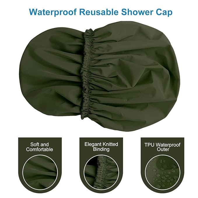 Shower Cap for Women Set of 4, 1 Double-Layer Waterproof Bath Cap + 3 Single-Layer Waterproof Shower Caps β Reusable Hair Protector, TPU Coated Elastic Bathing Cap for Women & Men - Dark Green