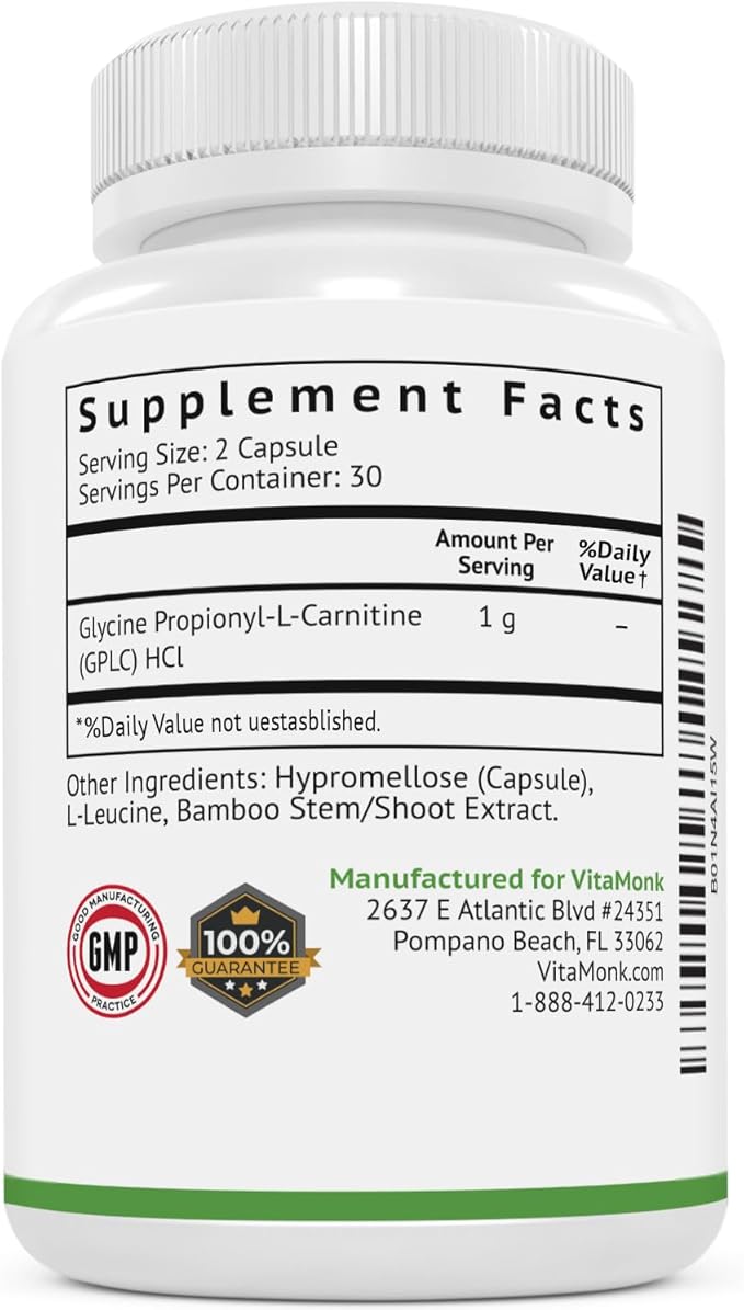VitaMonk GlycoTraxโข GPLC Extra Large Bottle - 120 Capsules of High-Absorption Glycine Propionyl-L-Carnitine with No Artificial Fillers - Glycine Propionyl L Carnitine Supplement
