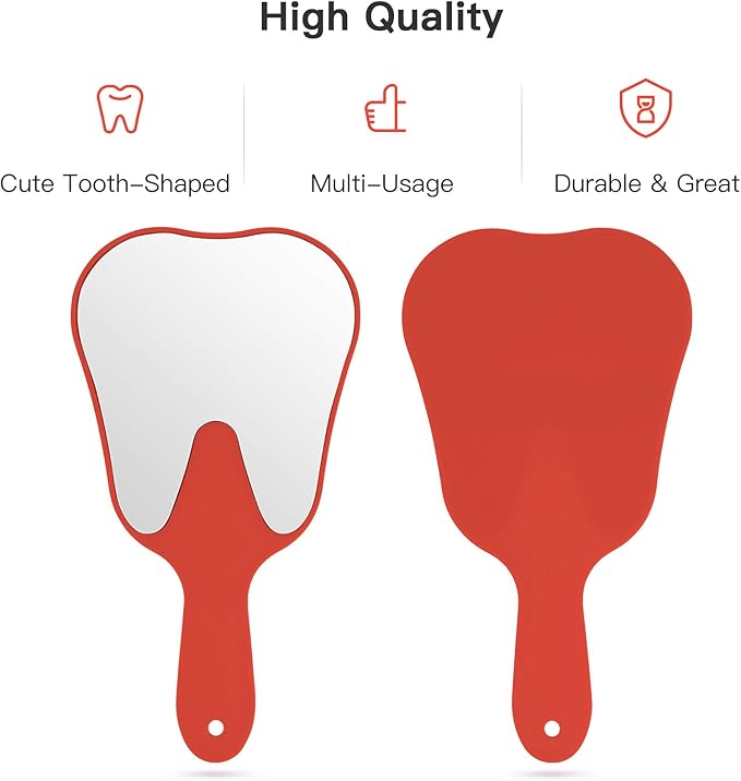Annhua Dental Hand Mirror Small Handheld Mirrors with Handle Red, Tooth Shaped Mirror Hand Held Makeup Face Mirror for Salon|Dentist Clinic|Barber|Hairdressing