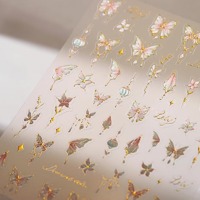 1 Sheets 5D Bronzing Butterfly Nail Stickers for Nail Art Pink Flower Nail Art Stickers Self Adhesive Summer Floral Butterflies Design Nail Decals Supplies for Women Girl DIY Manicure Decor
