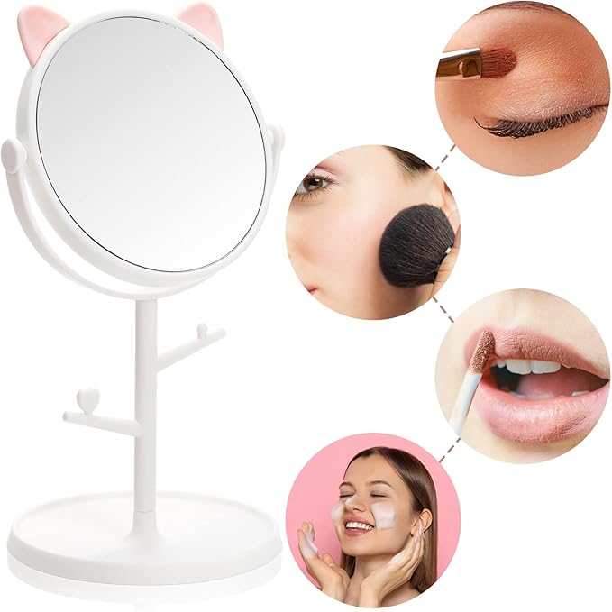4 Pack Cute Desk Mirrors, Rotatable Makeup Mirror in Cat Ears, 6 Inch Vanity Mirror with Storage Tray, High Definition Cosmetic Mirrors, Tabletop Dresser Mirror with Stand for Bedroom Spa Party