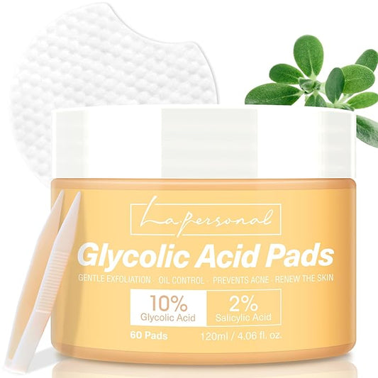 Glycolic Acid Pads, 10% AHA & 2% BHA, Exfoliating Peel Pads for Face Body, Dual Action Gentle Face Pad for Deep Cleaning Unclog Pores Daily Skin Renewal for All Skin Types with Vitamin B3&B5 60 Count