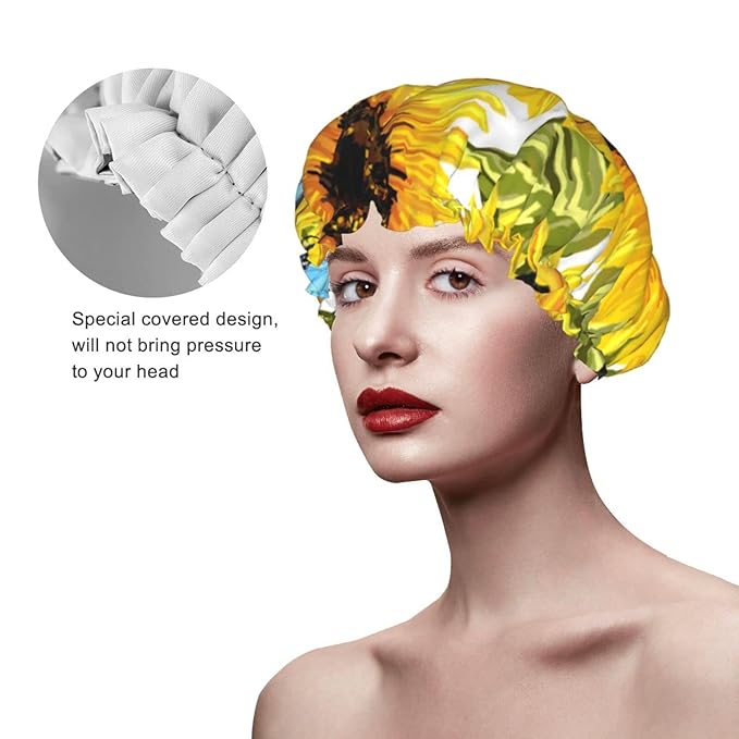 Sunflowers Blue Butterflies Shower Cap for Women,Double Waterproof Layers Bathing Shower Hat Large Designed for all Hair