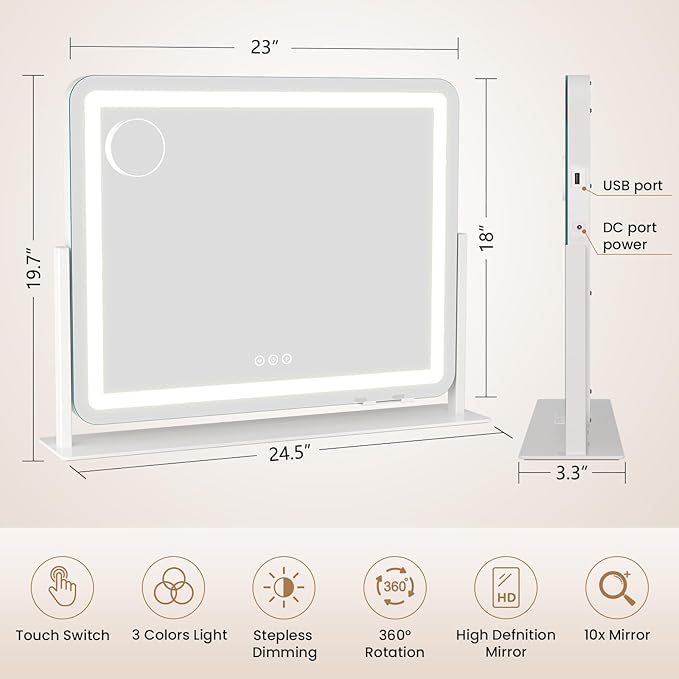 Dripex Vanity Mirror with Lights 24.5"x20" Large Makeup Mirror with Lights USB Charging Smart Touch 3 Colors Dimmable LED Lighted Makeup with Mirror 10X Magnification Phone Holder for Vanity Desk