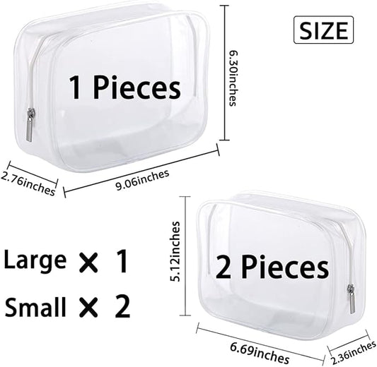 3 Pack Clear Plastic Zippered Toiletry Carry Pouch TSA Approved Toiletry Bag Portable Cosmetic Makeup Bag for Vacation, Bathroom and Organizing (White 3Pcs, Small/Large)