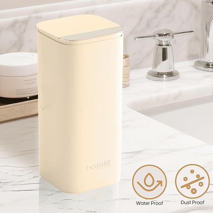 Makeup Brush Holder with Lid,One Touch Open 4 Slot Makeup Brush Case with Waterproof Dustproof,Brushes Storage Holder for Vanity, Dresser, Desk (Cream white)