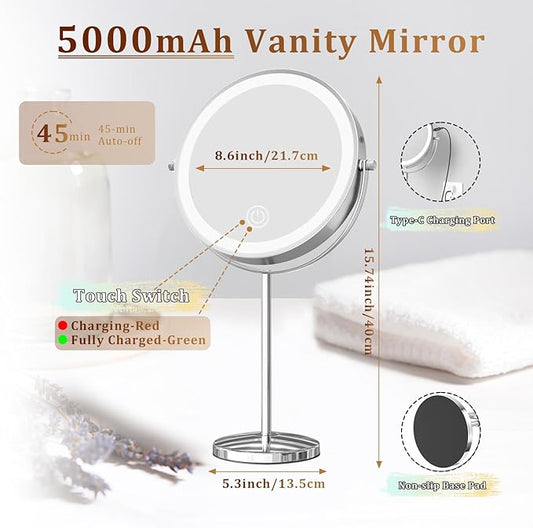 9in Makeup Mirror with Lights, 3x/20x 5000mAh Rechargeable Lighted Makeup Mirror with Magnification, 360Β° Rotate Magnifying Mirror,3 Color,Dimmable up,3800lux,80 LEDs,No Height Adjustment,Silvery
