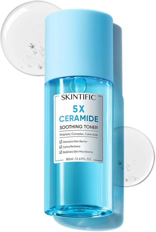 5X Ceramide Soothing Toner, Hydrating Skin Barrier Repair Calms Redness Facial Toner with Probiotics & Calendula for Sensitive & Dry Skin, Non-Alcohol, Cruelty-Free, Vegan Skincare