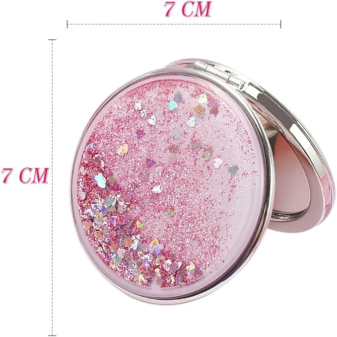 AKOAK 1 Pack Compact Mirror, Portable Quicksand Pocket Travel Makeup Mirror, Folding Hand-held Double Sided 1x/2x Magnifying Glass, Great Gift for Women and Girls (Pink)