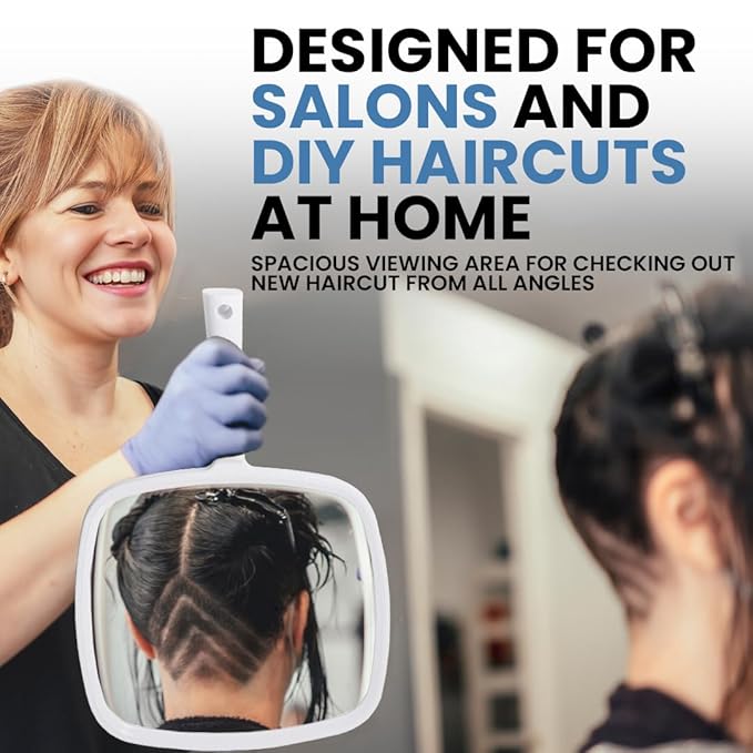 MIRRORVANA Hand Mirror with Ergonomic Handle - Hand Held Mirror for Make-up, Home Haircuts, Dental and Barber Use, 8β x 11β (White)