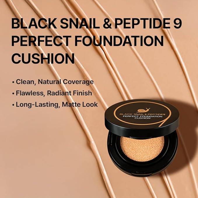 Farmstay Black Snail & Peptide 9 Perfect Cushion Foundation | Full Coverage, Lightweight, Skin-Fit, Smooth Radiant Finish, Korean Cushion Foundation (#23 Natural Beige, 0.53 Fl Oz)
