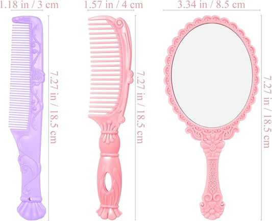Lurrose 5 Sets Decorative Hand Mirror Vintage Vanity Makeup Mirror Handhold Hair Brush Comb Travel Makeup Tools Gift for Women Girls (Random Color)